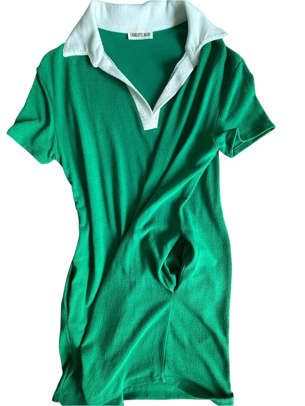 Charlotte Avery Kelly Green Collared Dress White Collar Crepe Hacci Pockets